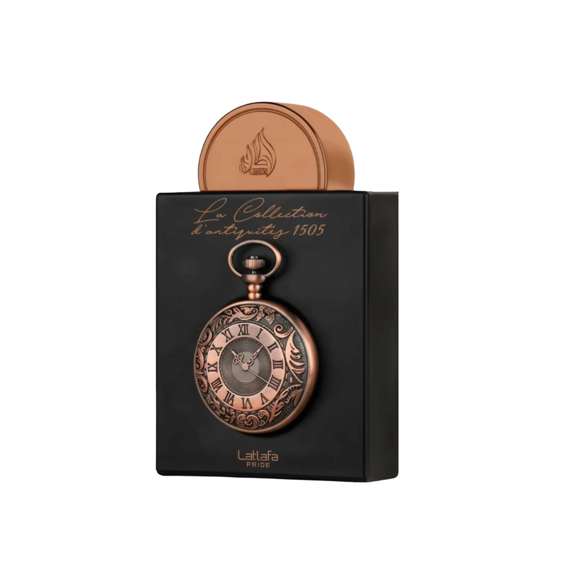 The image shows an elegantly designed perfume bottle from Lattafa Pride, part of "La Collection d'antiquités 1505." The bottle is crafted to resemble an antique pocket watch, with intricate engravings and Roman numerals on the face. The bottle has a rich,