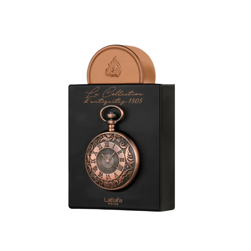 The image shows an elegantly designed perfume bottle from Lattafa Pride, part of "La Collection d'antiquités 1505." The bottle is crafted to resemble an antique pocket watch, with intricate engravings and Roman numerals on the face. The bottle has a rich,