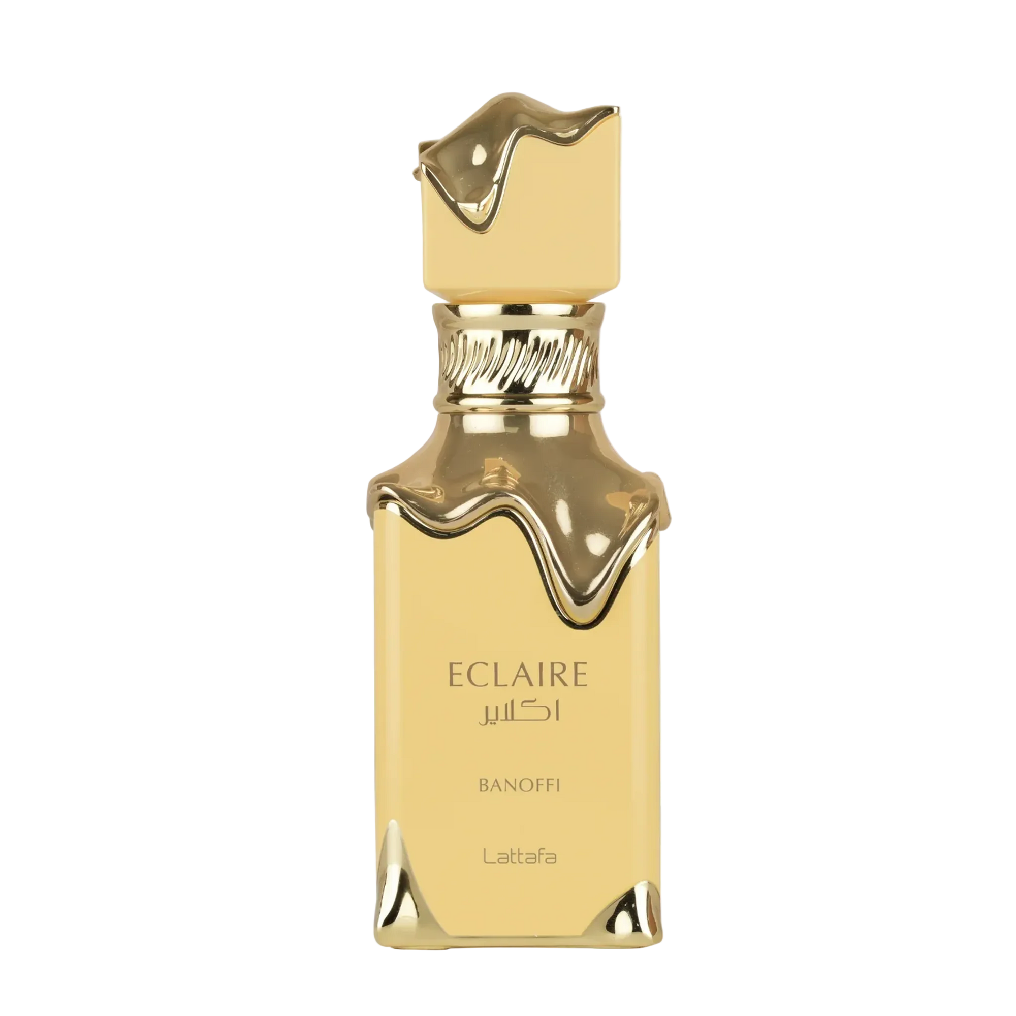 Golden Lattafa Eclaire Banoffi perfume bottle with molten gold-style cap and accents.