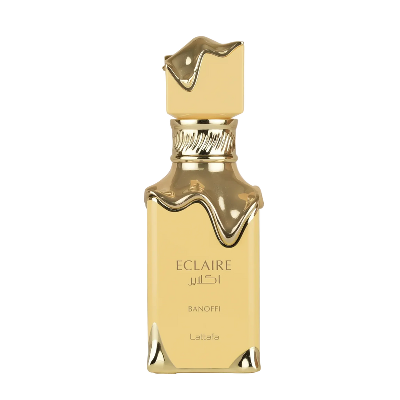 Golden Lattafa Eclaire Banoffi perfume bottle with molten gold-style cap and accents.