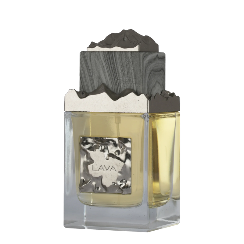 Maison Alhambra Lava perfume bottle with metallic silver label and textured stone-like cap.