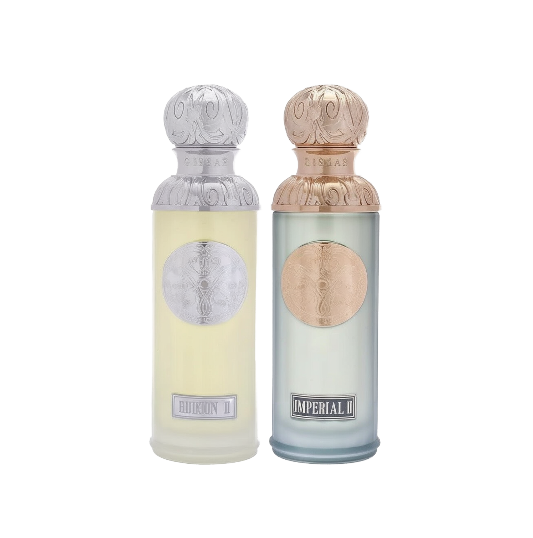 The image features two perfume bottles from the Gissah collection, "Hudson II" and "Imperial II." Both bottles have tall, cylindrical shapes with ornate silver caps featuring embossed designs. "Hudson II" has a light yellow tinted glass body with a silver medallion, and "Imperial II" has a light blue tinted glass body with a copper medallion. Each bottle is labeled with its respective name in elegant font at the bottom. 