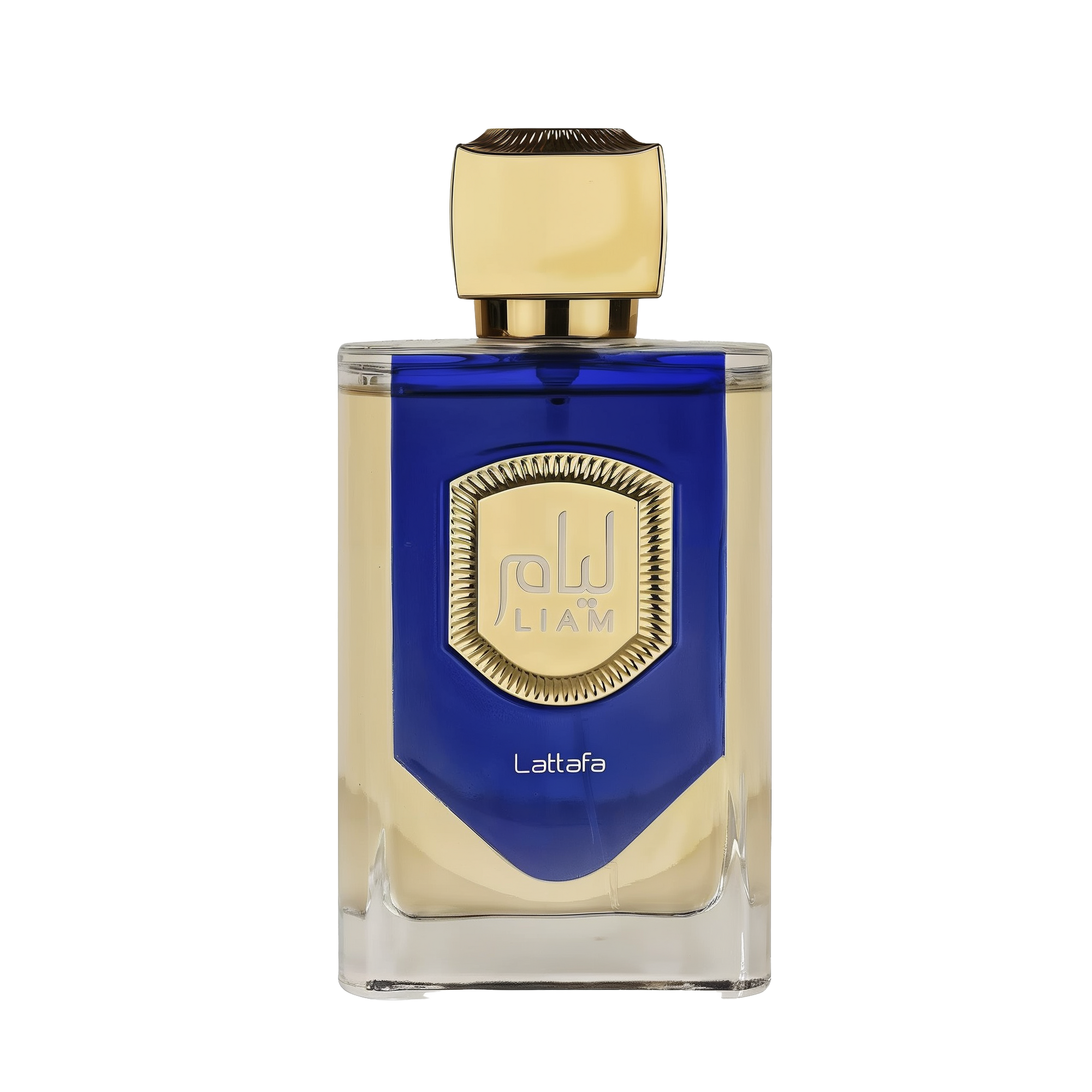 The image features a bottle of Liam Blue Shine perfume by Lattafa. The bottle has a clear, rectangular glass base with a blue color gradient at the top half. It features a prominent gold label with a textured border and the name "Liam" in stylized font in the center. Below the label, the word "Lattafa" is printed in small, simple white letters. The cap of the bottle is a smooth, metallic gold color with a faceted design, giving it a luxurious and elegant appearance.
