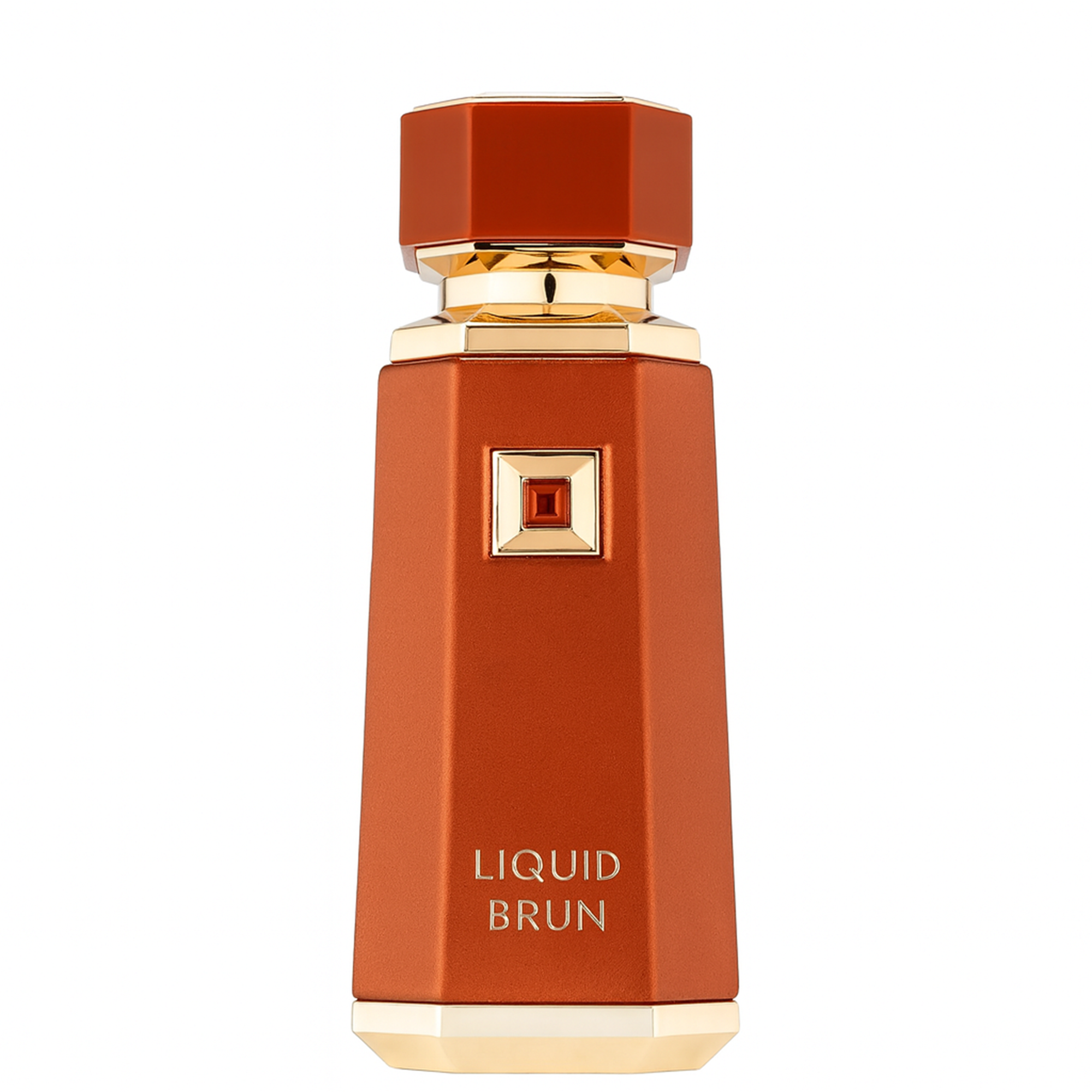 Brown perfume bottle with gold accents on a white background.