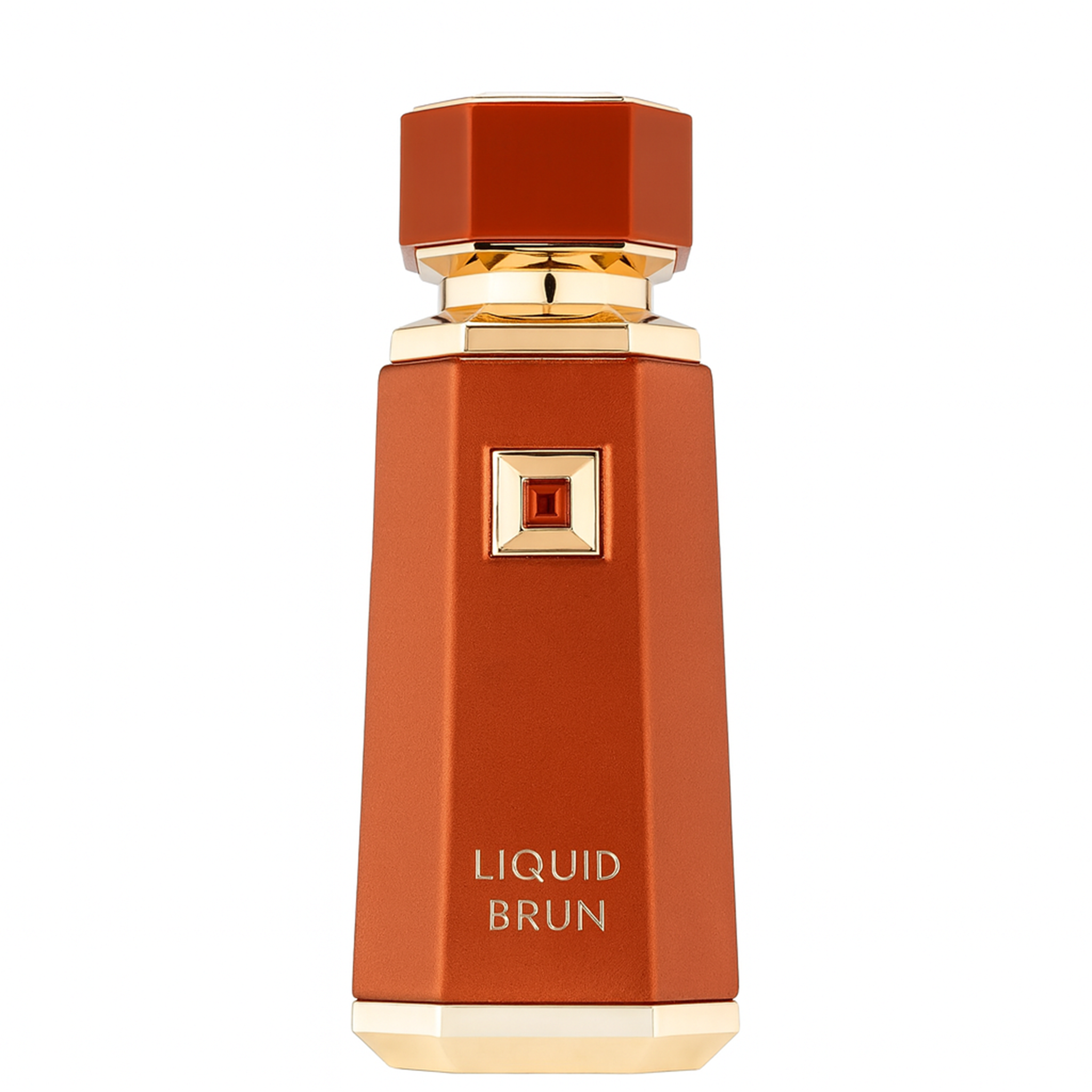 Brown perfume bottle with gold accents on a white background.