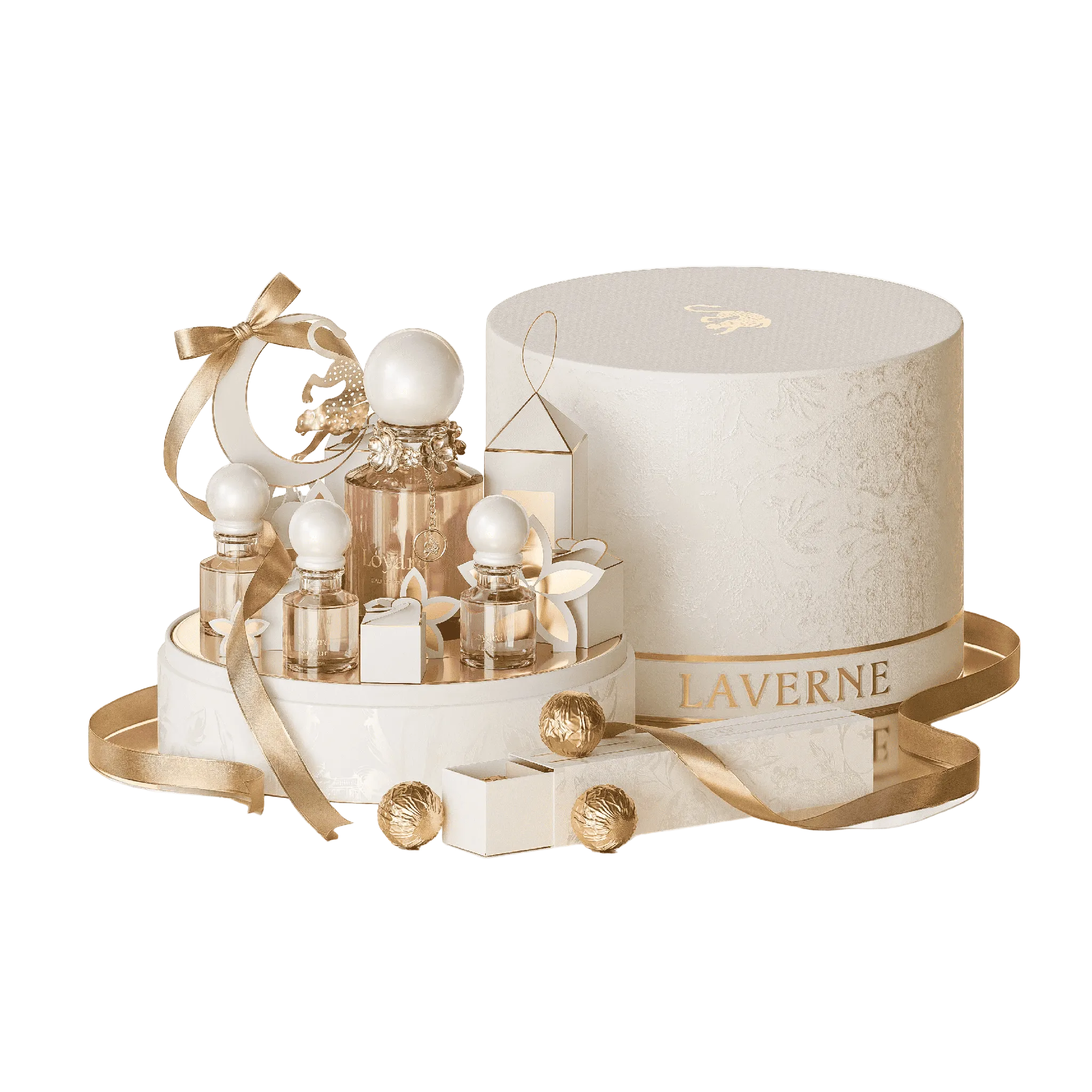 Laverne luxury perfume gift set with multiple mini bottles, decorative packaging, and gold ribbon accents.