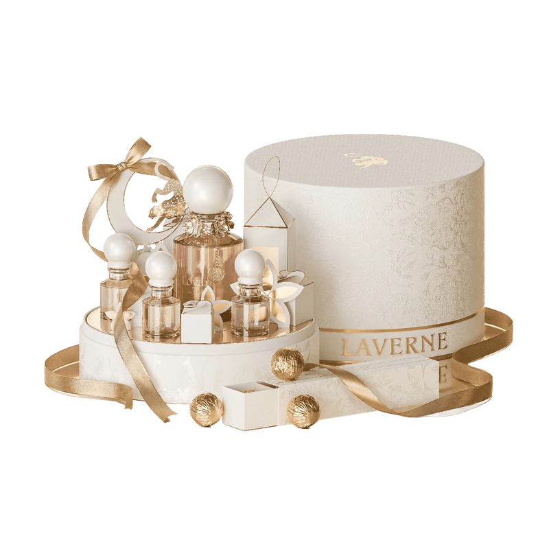 Laverne luxury perfume gift set with multiple mini bottles, decorative packaging, and gold ribbon accents.