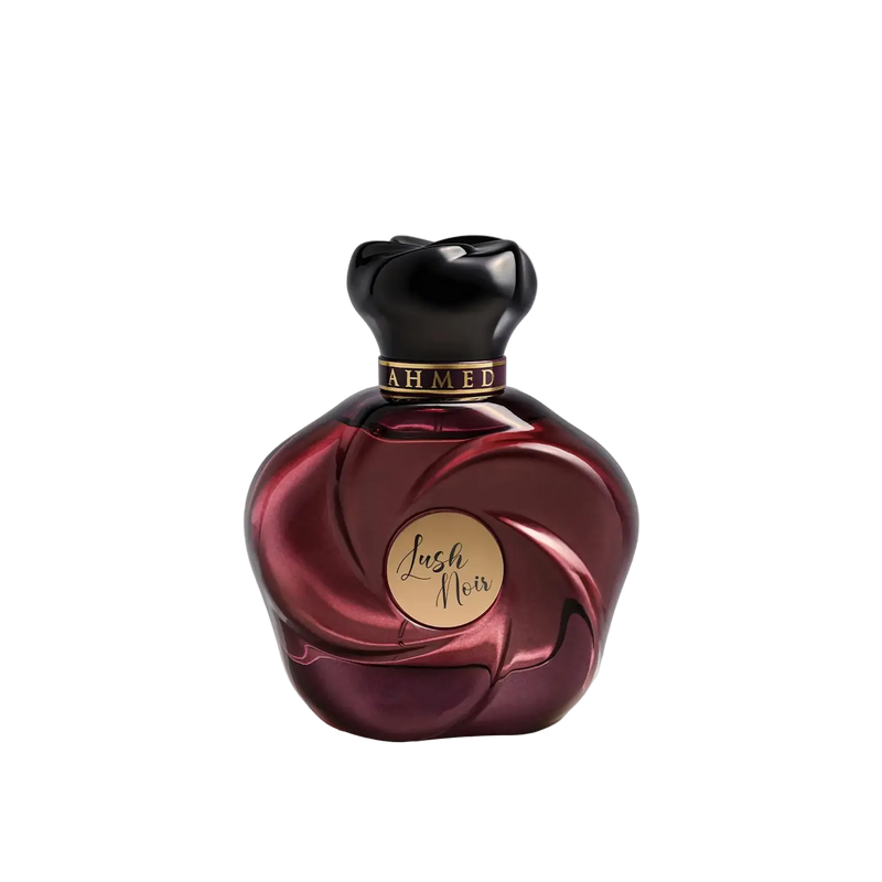 Lush Noir by Ahmed perfume bottle featuring a deep burgundy sculpted glass with a swirling pattern, gold label, black cap, and gold “AHMED” collar detail.