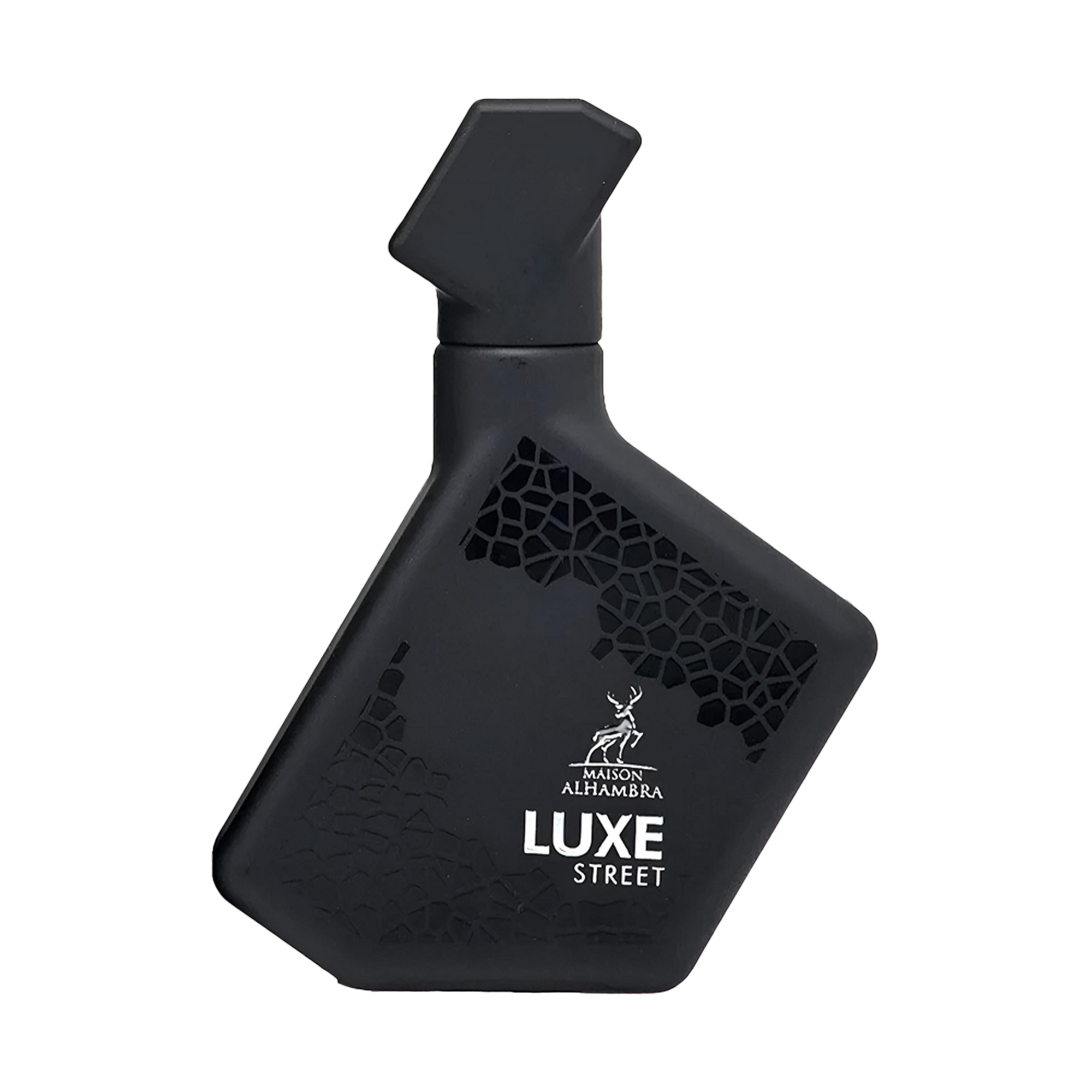 Maison Alhambra Luxe Street perfume bottle in matte black with geometric design and angled cap.