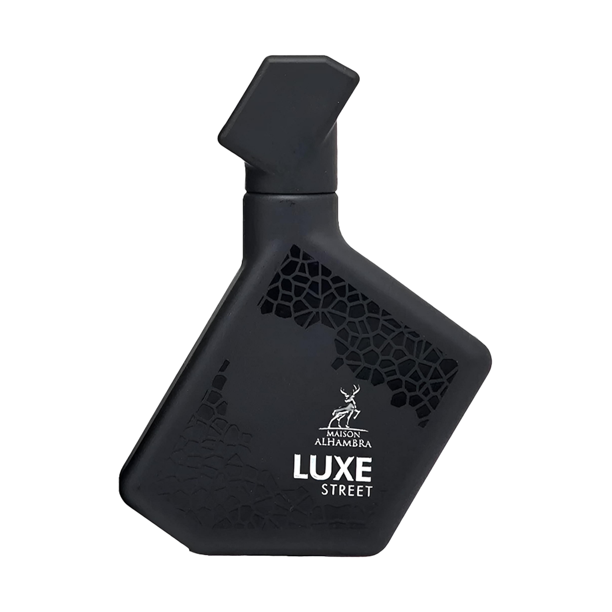 Maison Alhambra Luxe Street perfume bottle in matte black with geometric design and angled cap.