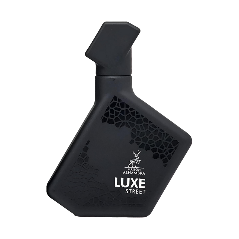 Maison Alhambra Luxe Street perfume bottle in matte black with geometric design and angled cap.