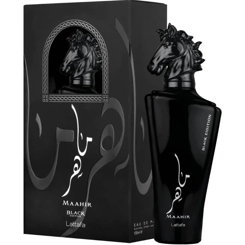 The image features a matte black perfume bottle with a sleek, modern design, accompanied by its matching packaging. The bottle is labeled "Maahir BLACK EDITION" in white lettering, with the brand name "Lattafa" at the bottom. The box echoes the bottle's design, displaying a black horse's head within a decorative niche, both embossed in a glossy finish against the matte background.