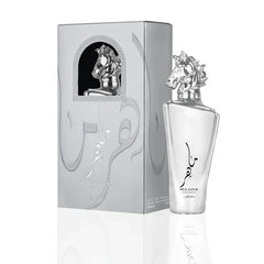 Image of Maahir Legacy Eau de Parfum by Lattafa. The perfume bottle is a sleek, clear design with an eye-catching silver horse head as the bottle cap, symbolizing elegance and strength. The bottle has Arabic calligraphy and the words 'Maahir Legacy' along