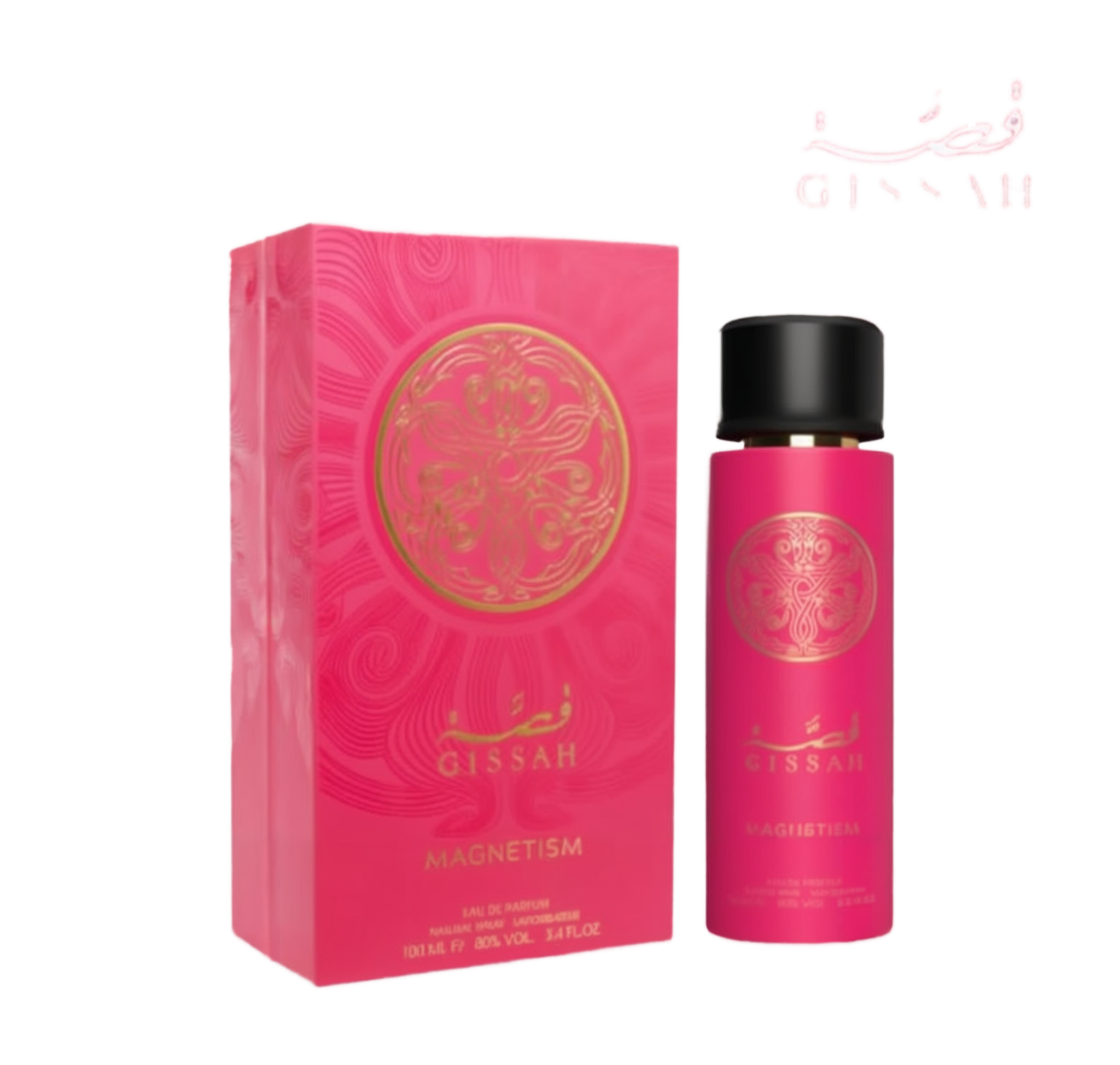 A vibrant pink perfume bottle and matching box of "Magnetism" Eau De Parfum by Gissah.