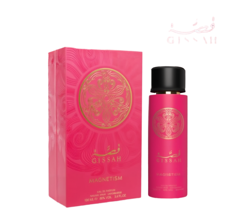 A vibrant pink perfume bottle and matching box of "Magnetism" Eau De Parfum by Gissah.