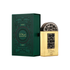 
The image shows a luxurious gold perfume bottle labeled "MAHARJAN GOLD" by Lattafa Pride. The bottle features an intricate black and gold geometric design on the front, with a distinctive rounded black cap. The bottle is placed next to its matching dark 