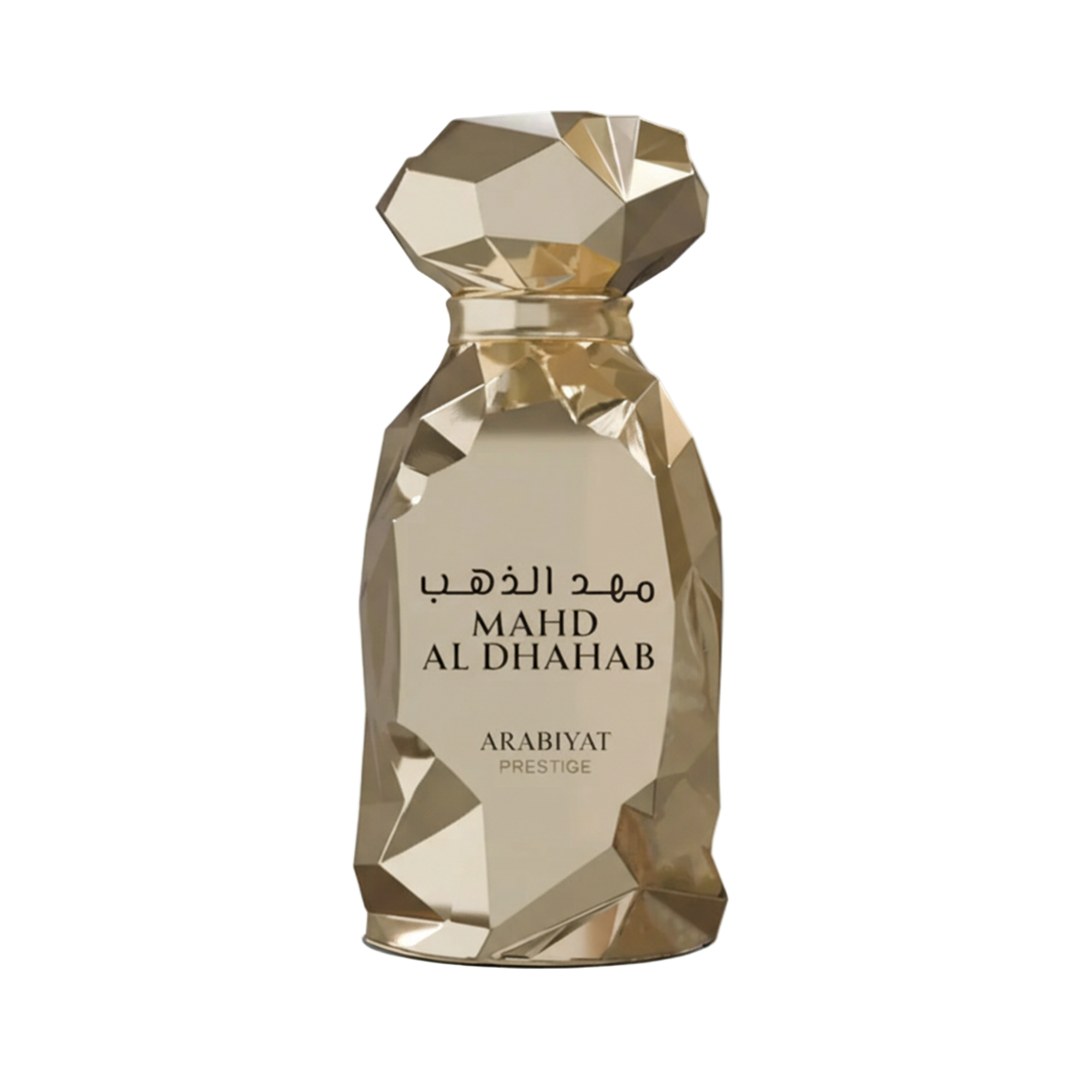 Arabiyat Prestige Mahd Al Dhahab perfume bottle in faceted gold design with Arabic and English lettering.
