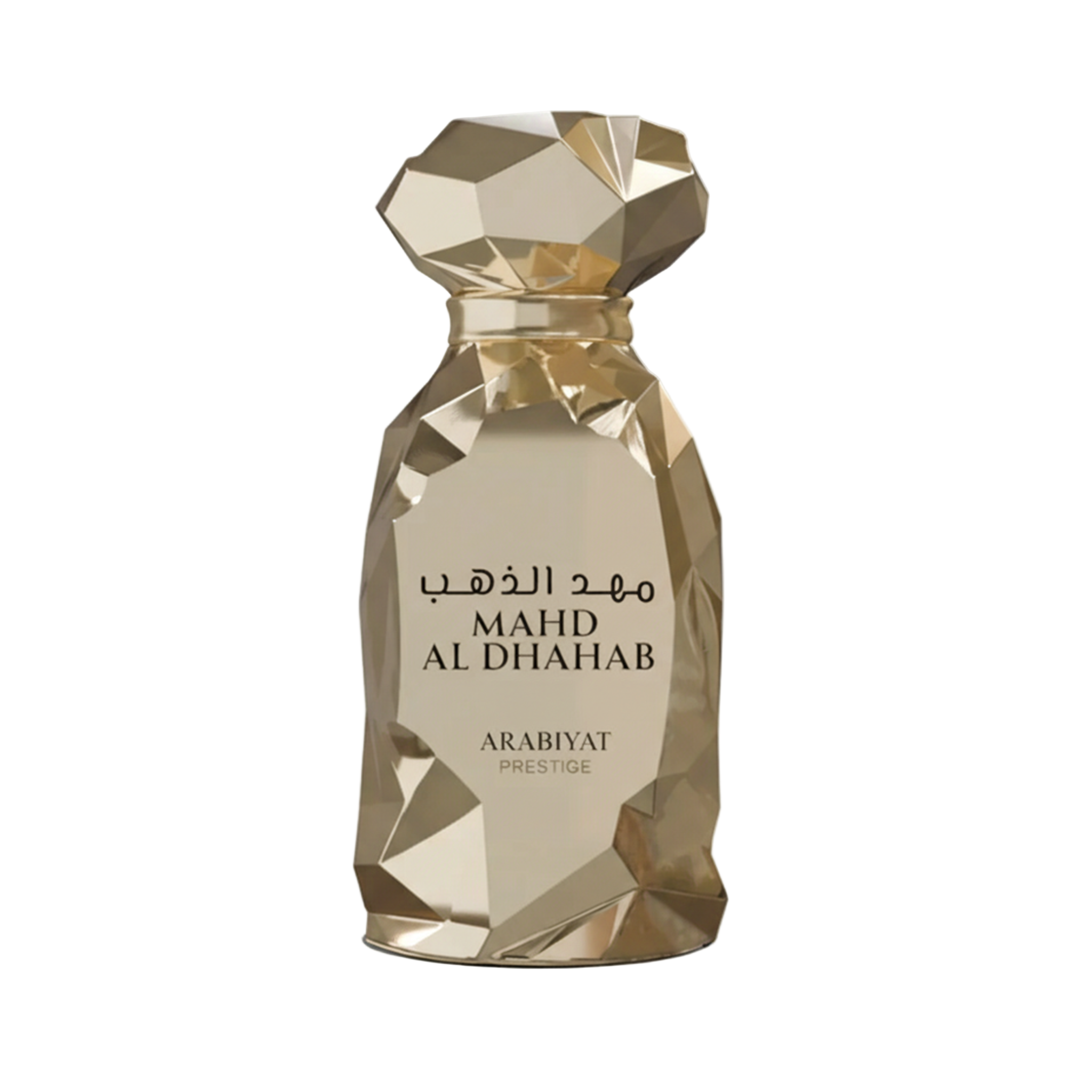 Arabiyat Prestige Mahd Al Dhahab perfume bottle in faceted gold design with Arabic and English lettering.