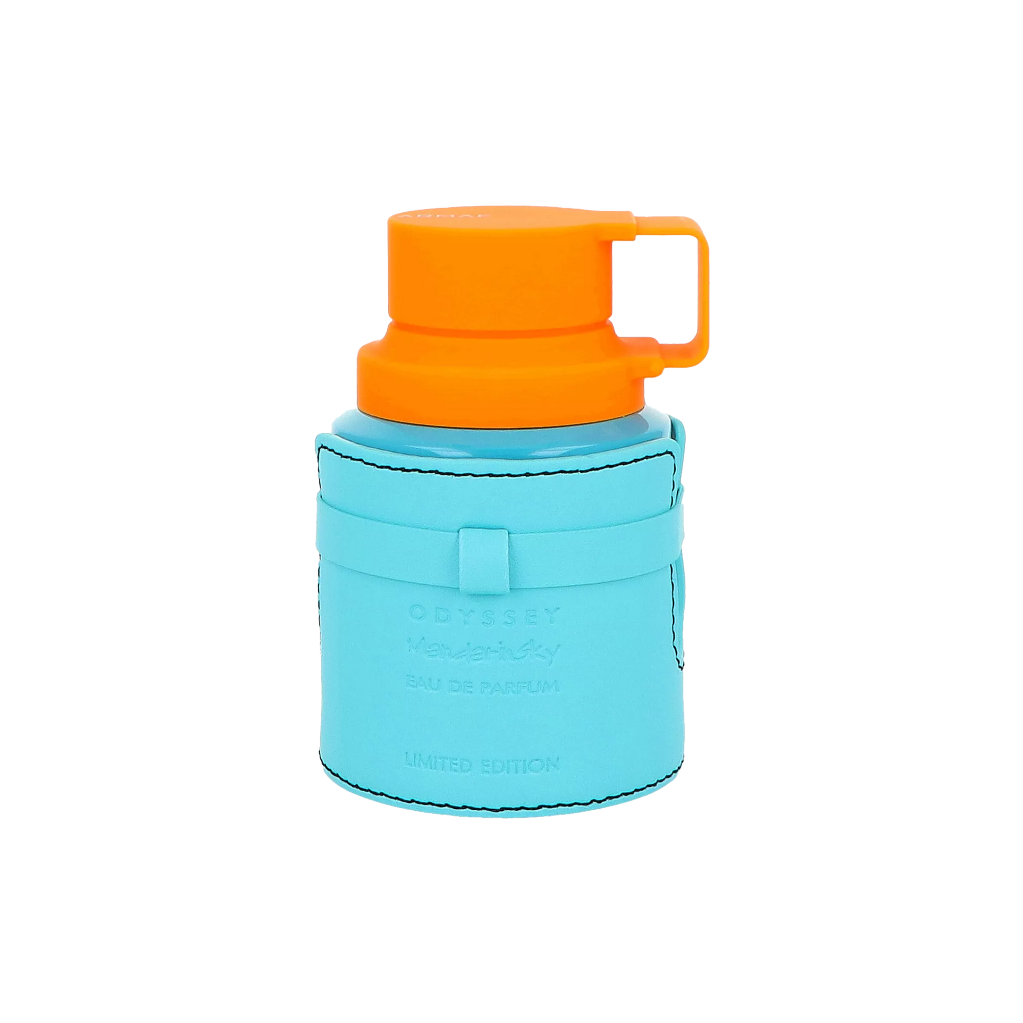 Turquoise perfume bottle in stitched leather sleeve with orange cap handle, labelled Odyssey Mandarin Sky limited edition.