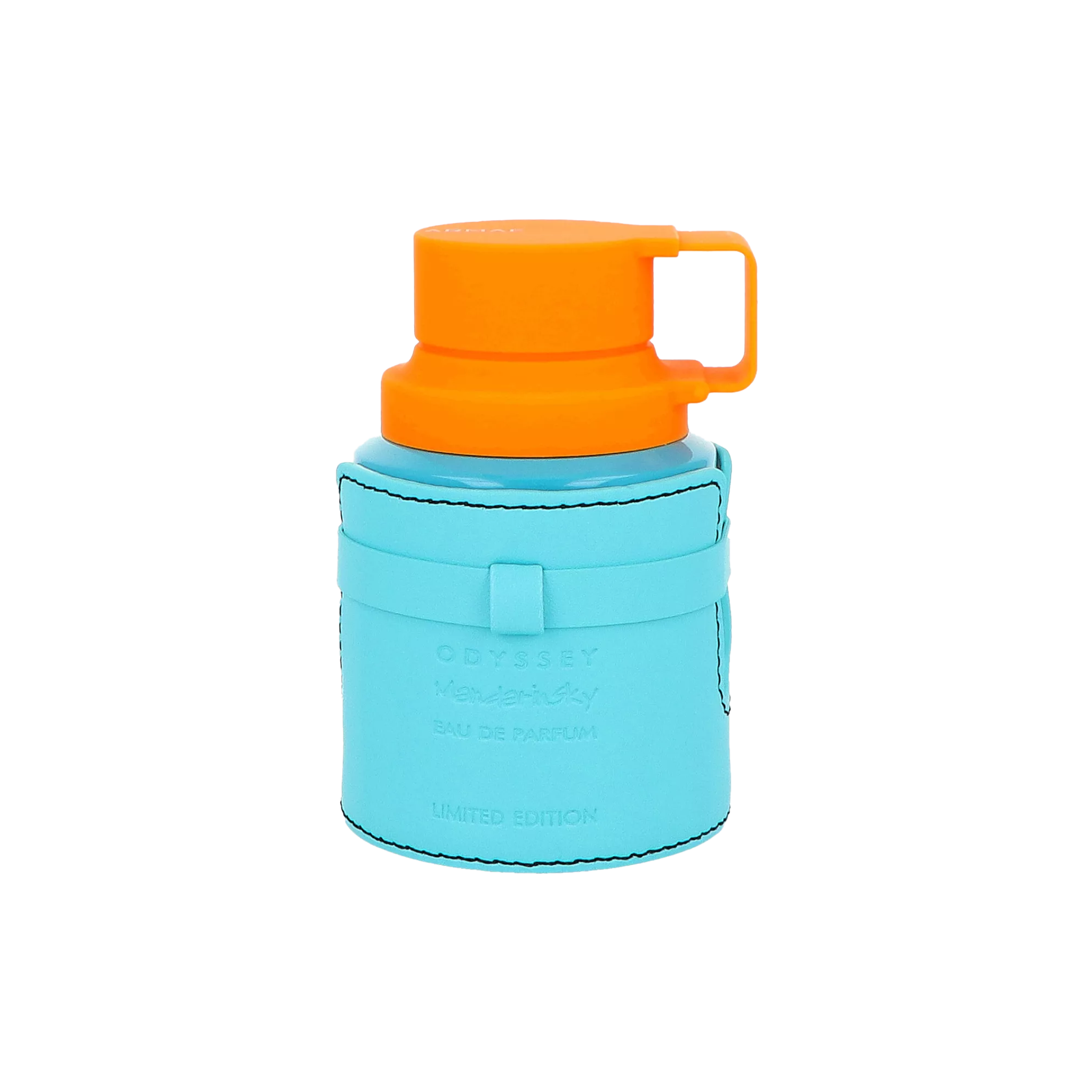 Turquoise perfume bottle in stitched leather sleeve with orange cap handle, labelled Odyssey Mandarin Sky limited edition.