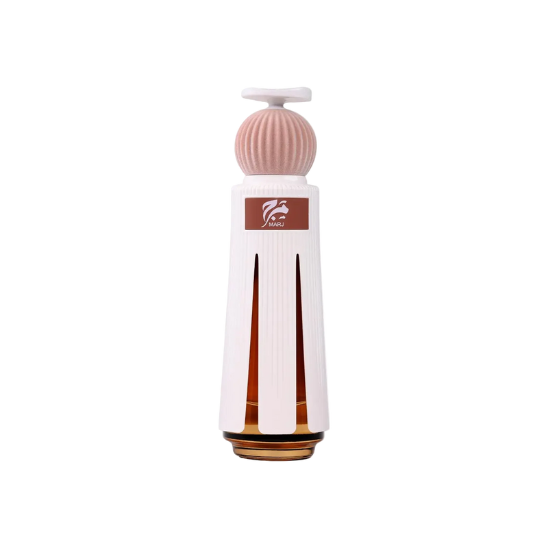 Marj perfume bottle featuring a tall white case with vertical cutouts revealing fragrance inside, topped with a textured blush-pink cap and white lid detail.