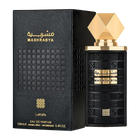 Mashrabya Eau De Parfum by Lattafa, a black textured bottle & packaging with gold accents.