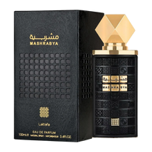 Mashrabya Eau De Parfum by Lattafa, a black textured bottle & packaging with gold accents.