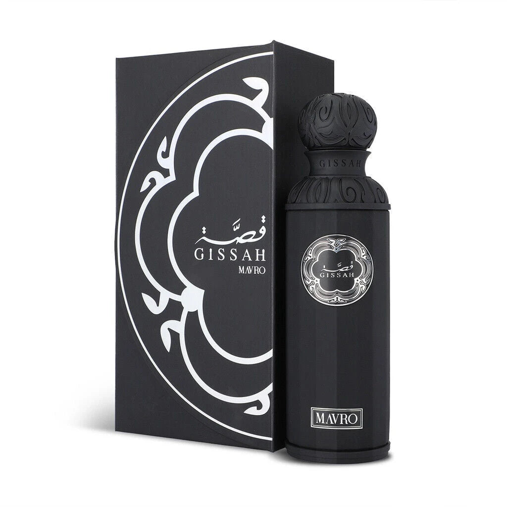 A sleek, cylindrical black perfume bottle with an ornate spherical cap, labeled “Gissah Mavro” in silver, standing next to a matching black box adorned with a stylized silver pattern.