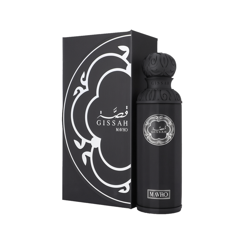 A sleek, cylindrical black perfume bottle with an ornate spherical cap, labeled “Gissah Mavro” in silver, standing next to a matching black box adorned with a stylized silver pattern.