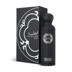 A sleek, cylindrical black perfume bottle with an ornate spherical cap, labeled “Gissah Mavro” in silver, standing next to a matching black box adorned with a stylized silver pattern.
