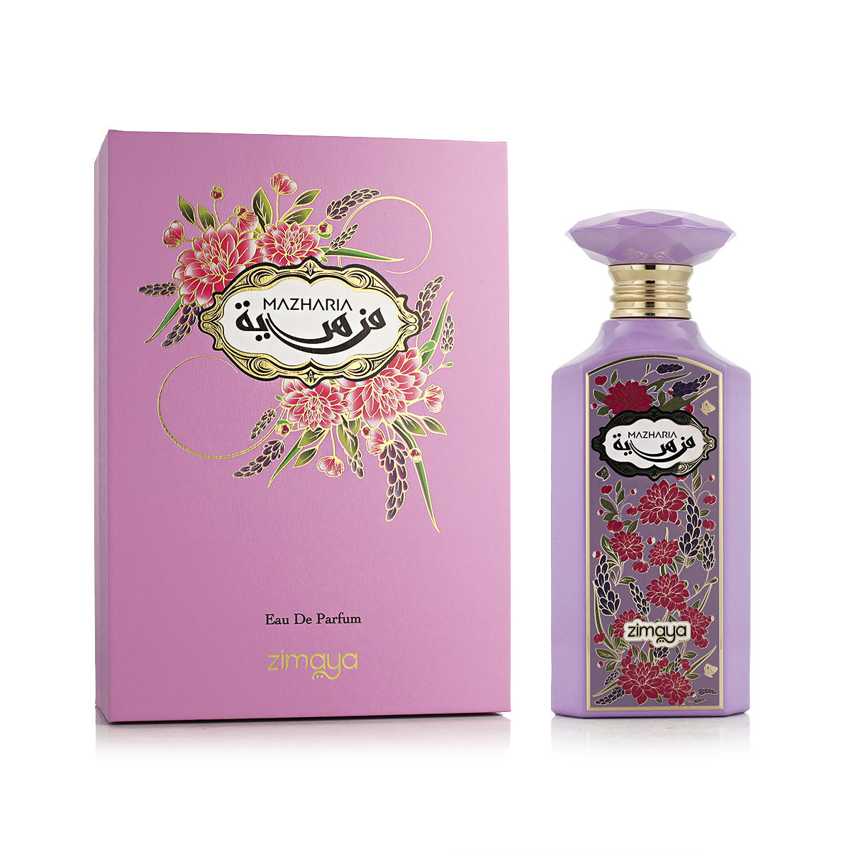 A bottle and box of Mazharia Eau De Parfum by Zimaya. The packaging and bottle are both in a soft lavender color with intricate floral designs in shades of red, pink, and green. The label reads "MAZHARIA" in both English and Arabic within an ornate black and gold frame. The perfume bottle has a faceted cap and gold neck, and both the box and bottle are elegantly adorned with floral artwork.