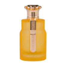 Bright yellow perfume bottle with gold crown-shaped cap and Memories of Summer branding on front.