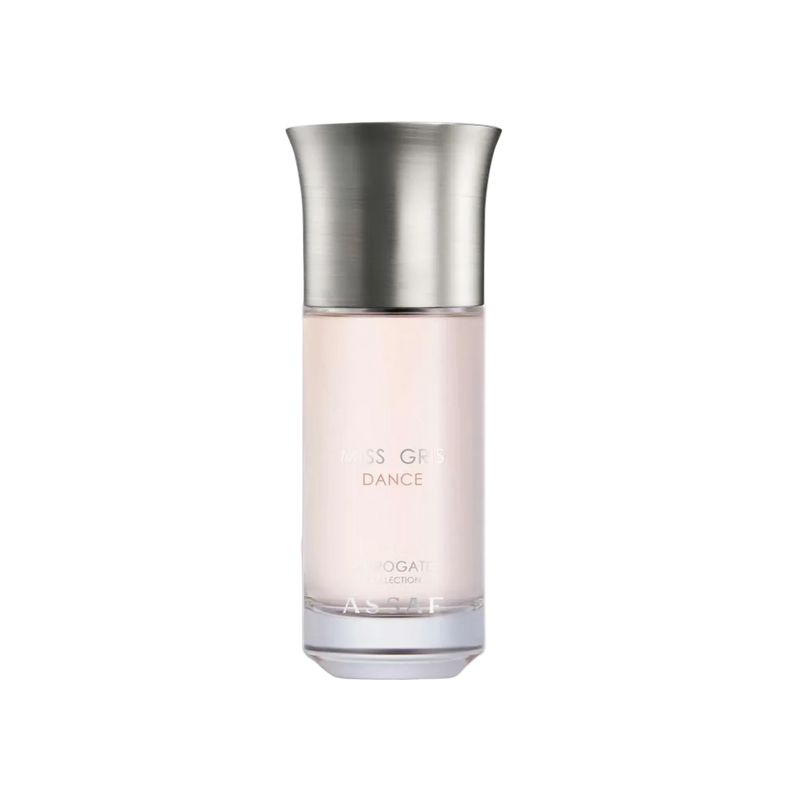 Assaf Miss Gris Dance perfume bottle with a soft blush-pink glass body and a brushed silver metal cap.