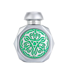 Silver perfume bottle with green decorative emblem.