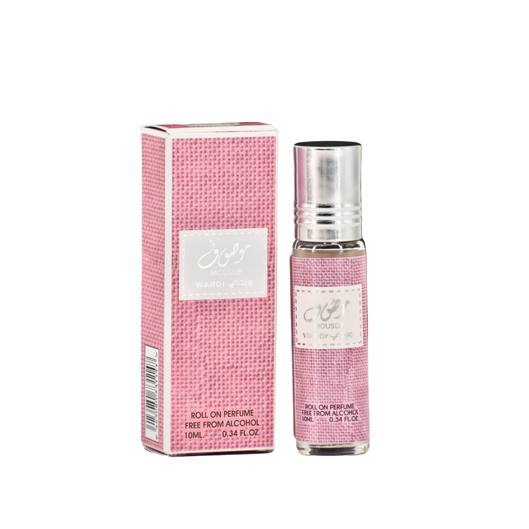 The image shows a product named "Mousuf Wardi," which is a roll-on perfume oil by Ard Al Zaafaran. The product is contained in a small 10 ml (0.34 fl. oz.) glass bottle with a metallic cap. The bottle and its accompanying box are both adorned with a pink 