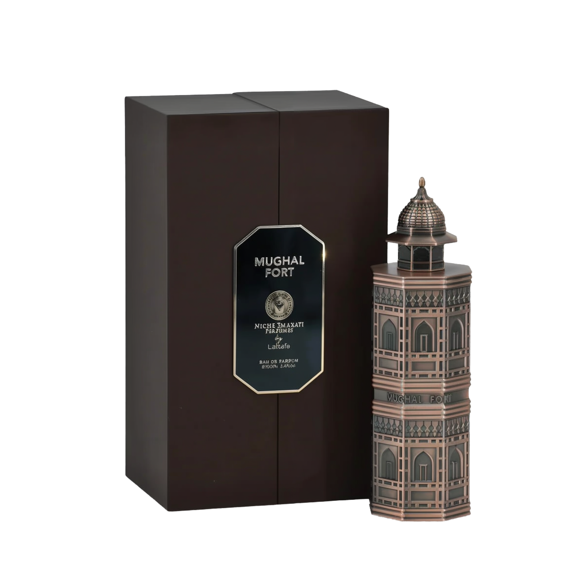 A brown rectangular perfume box labeled 'Mughal Fort' from the Niche Emarati Perfumes collection by Lattafa. The bottle design mimics a Mughal-style fort with intricate architectural detailing. The product label is displayed on a gold and black plaque, an