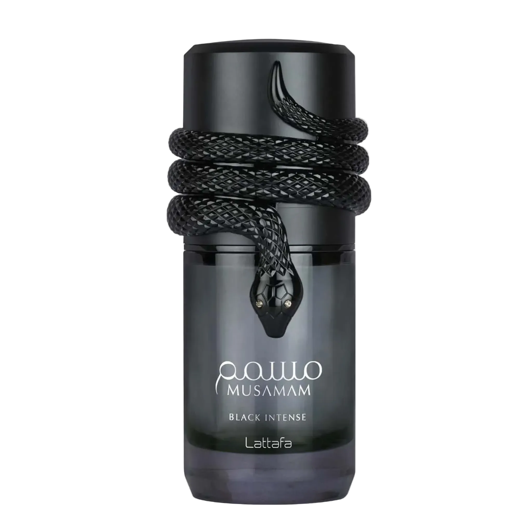 Musamam Black Intense perfume by Lattafa, featuring a dark smoky black cylindrical bottle wrapped with a detailed black snake design.