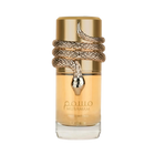 he image is of a perfume bottle with these characteristics:  The bottle is transparent, revealing a golden-colored liquid, indicating perfume inside. It has a gold-colored cap and a thick gold rope design wrapped around the upper portion of the bottle, culminating in a detailed snakehead motif. The snake design has intricate scales and features two small black details suggesting eyes.