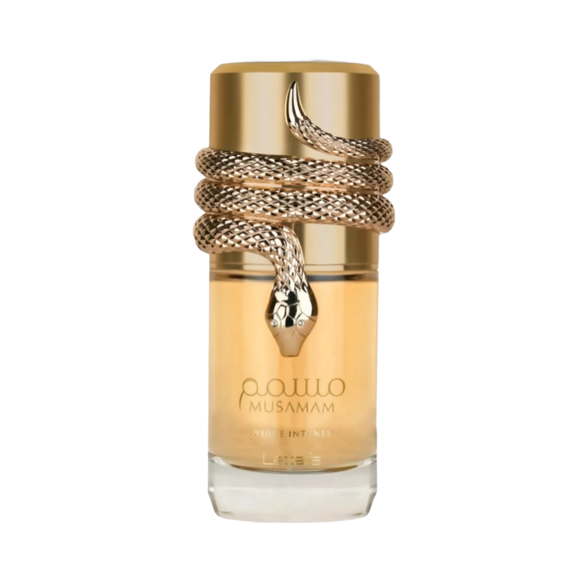 he image is of a perfume bottle with these characteristics:  The bottle is transparent, revealing a golden-colored liquid, indicating perfume inside. It has a gold-colored cap and a thick gold rope design wrapped around the upper portion of the bottle, culminating in a detailed snakehead motif. The snake design has intricate scales and features two small black details suggesting eyes.