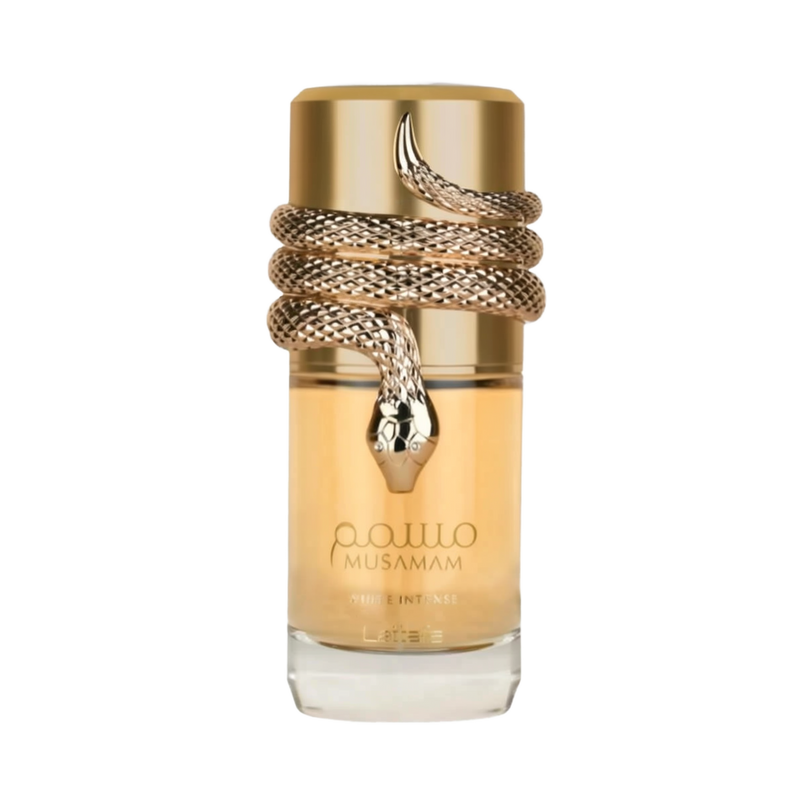 he image is of a perfume bottle with these characteristics:  The bottle is transparent, revealing a golden-colored liquid, indicating perfume inside. It has a gold-colored cap and a thick gold rope design wrapped around the upper portion of the bottle, culminating in a detailed snakehead motif. The snake design has intricate scales and features two small black details suggesting eyes.