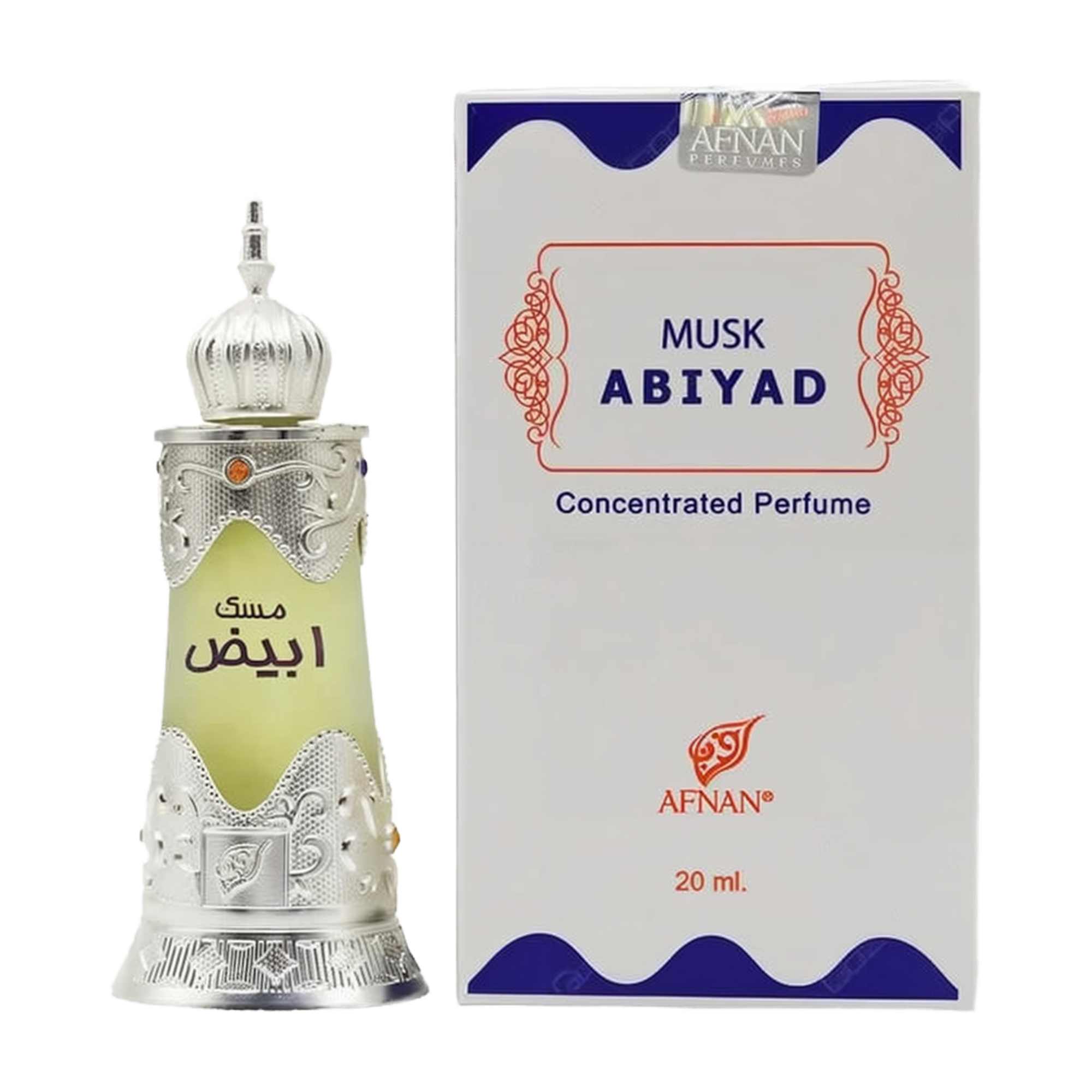 The image shows a bottle of "Musk Abiyad" concentrated perfume by Afnan Perfumes, next to its packaging. The perfume bottle appears to have a traditional design with a silver metallic finish and intricate decorative patterns, topped with a dome-shaped cap. It has a label with Arabic script in green, hinting at the fragrance's oriental inspiration.  The white and blue color scheme of the box contrasts with the silver and green of the bottle, making it stand out.