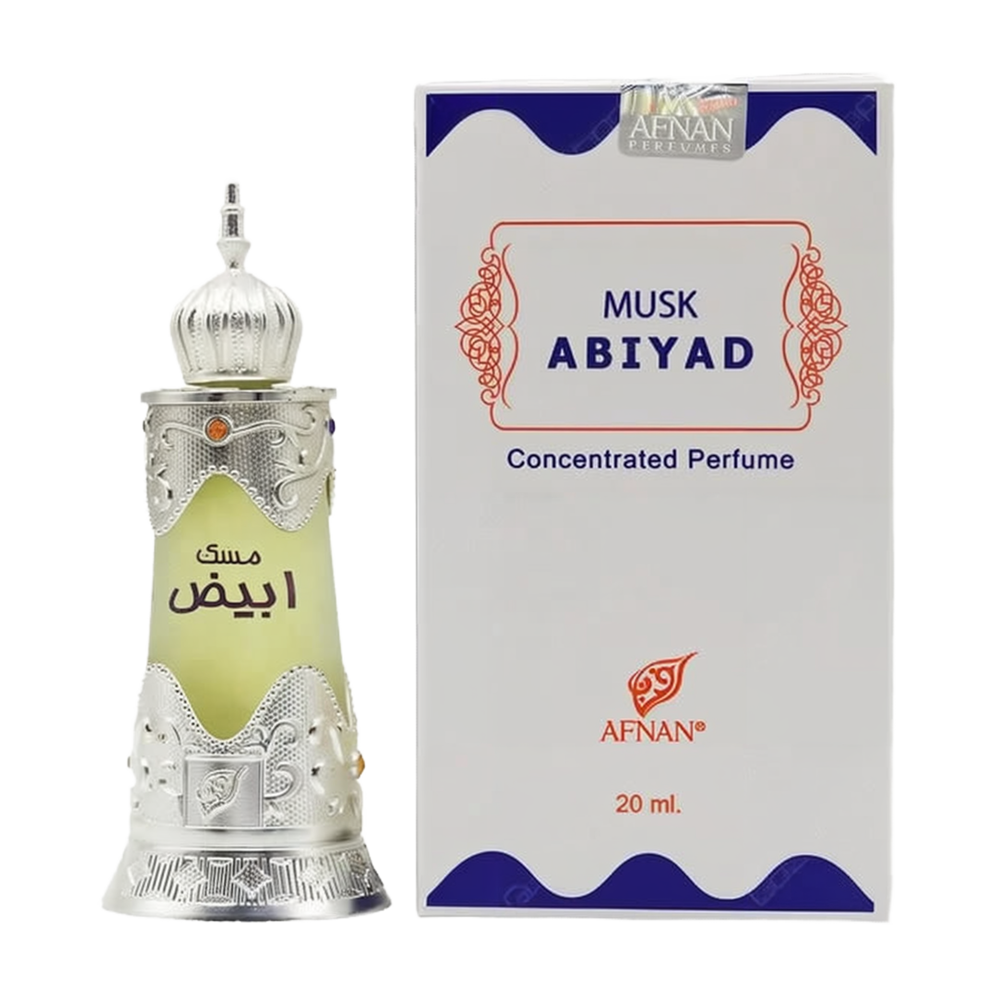 The image shows a bottle of "Musk Abiyad" concentrated perfume by Afnan Perfumes, next to its packaging. The perfume bottle appears to have a traditional design with a silver metallic finish and intricate decorative patterns, topped with a dome-shaped cap. It has a label with Arabic script in green, hinting at the fragrance's oriental inspiration.  The white and blue color scheme of the box contrasts with the silver and green of the bottle, making it stand out.