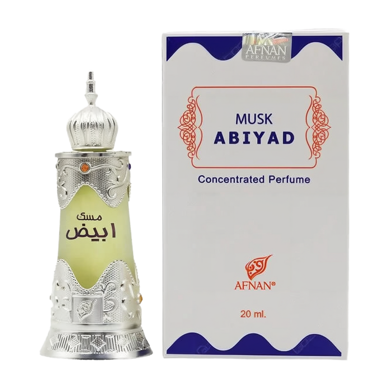 The image shows a bottle of "Musk Abiyad" concentrated perfume by Afnan Perfumes, next to its packaging. The perfume bottle appears to have a traditional design with a silver metallic finish and intricate decorative patterns, topped with a dome-shaped cap. It has a label with Arabic script in green, hinting at the fragrance's oriental inspiration.  The white and blue color scheme of the box contrasts with the silver and green of the bottle, making it stand out.