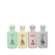 This image features a collection of four musk-inspired perfume bottles from DKHAN Fragrances, lined up against a plain background. Each bottle has a distinct pastel color and geometric cap design, corresponding to the fragrance it holds. From left to right: the first bottle is a soft mint green labeled "MUSK LOLO," the second is a gentle yellow with "MUSK MANGO," the third is a pale pink for "MUSK POWDER," and the fourth is a light grey labeled "MUSK CHOCO."