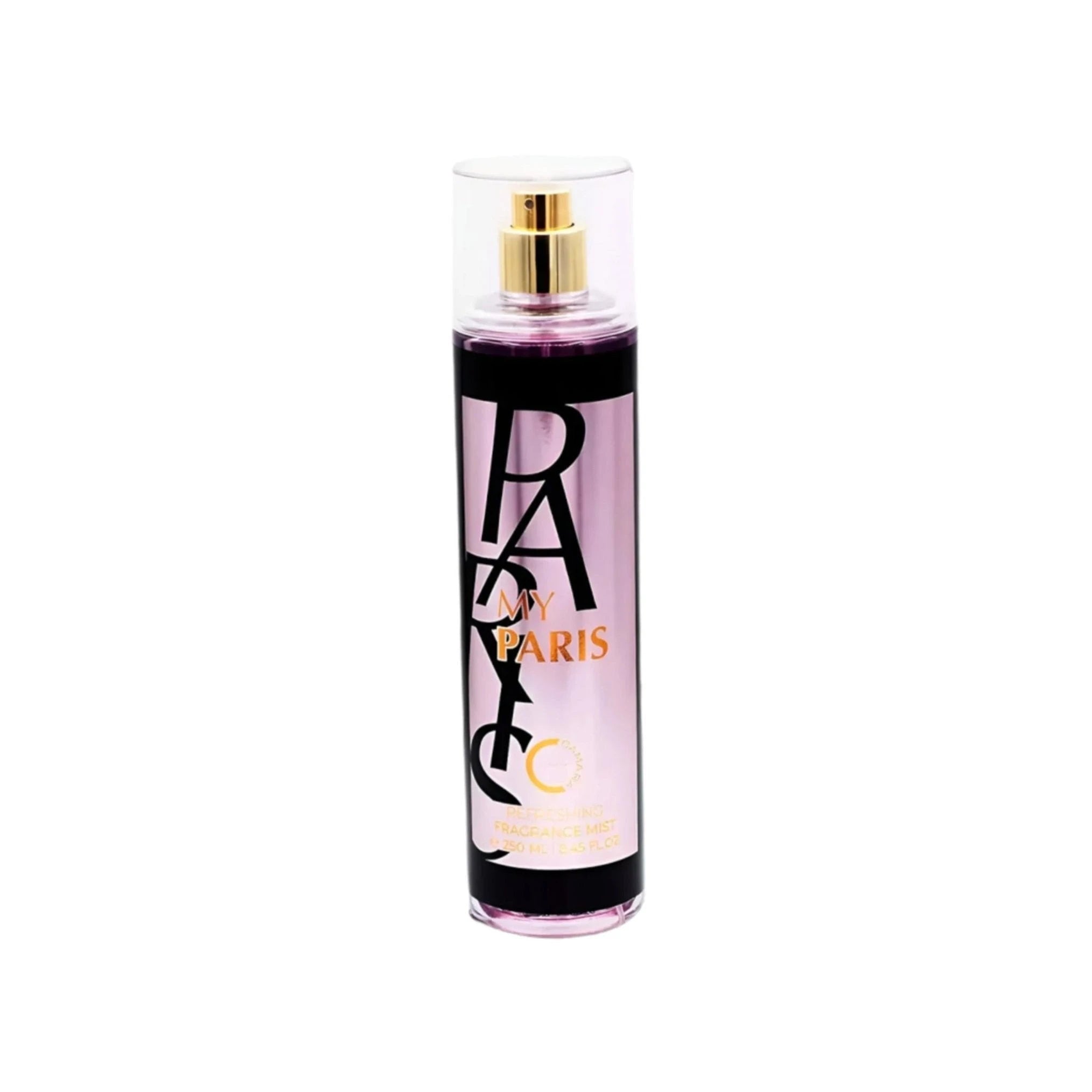 A tall, cylindrical fragrance mist bottle with a pink-tinted liquid inside, featuring a prominent black “PARIS” logo and orange “My Paris” text. It has a clear cap over a gold spray nozzle and a sleek, modern design.