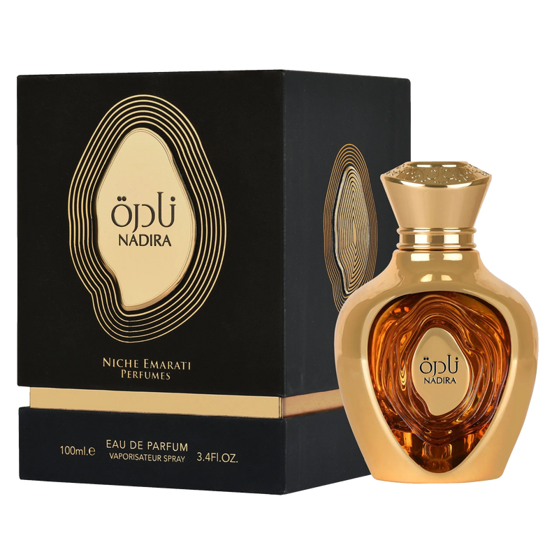 Nadira Eau De Parfum 100ml by Lattafa, featuring a luxurious gold bottle with an elegant black and gold package box.