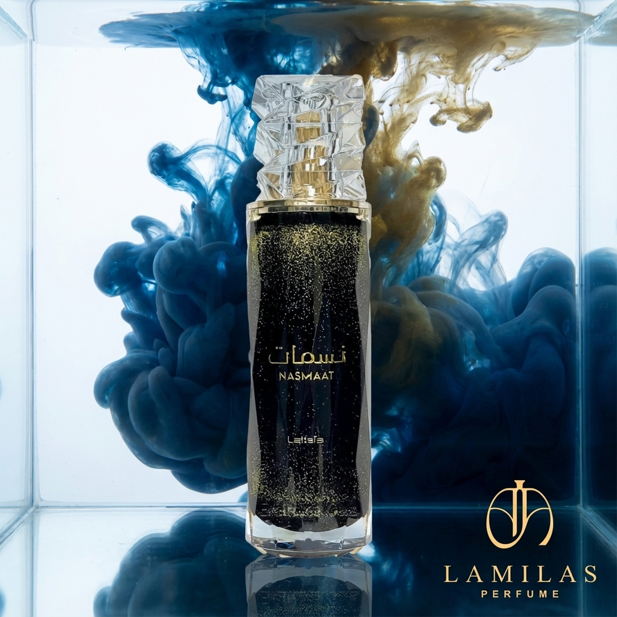 Lattafa Nasmaat shimmering black perfume bottle with a crystal cap, set against swirling blue and gold ink in water.
