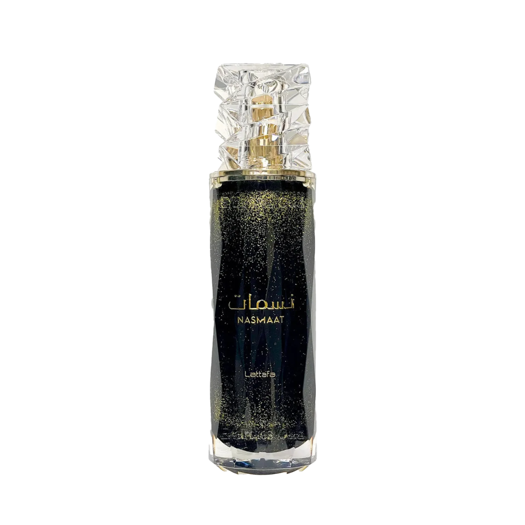 Lattafa Nasmaat perfume bottle in black with gold shimmer and a faceted clear cap.