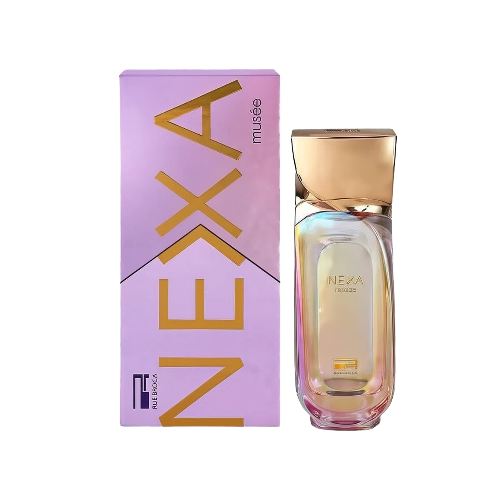 The image shows a bottle of "Nexa Musee" perfume next to its packaging. The bottle has a simple, elegant design with a golden cap, and the glass is slightly iridescent, reflecting subtle colors. The packaging is a lavender box with the name "NEXA" in bold, stylized letters in a gold color. The text "musee" is smaller and located below the brand name. The label "Rue Broca" is featured at the bottom of the box in a smaller font.