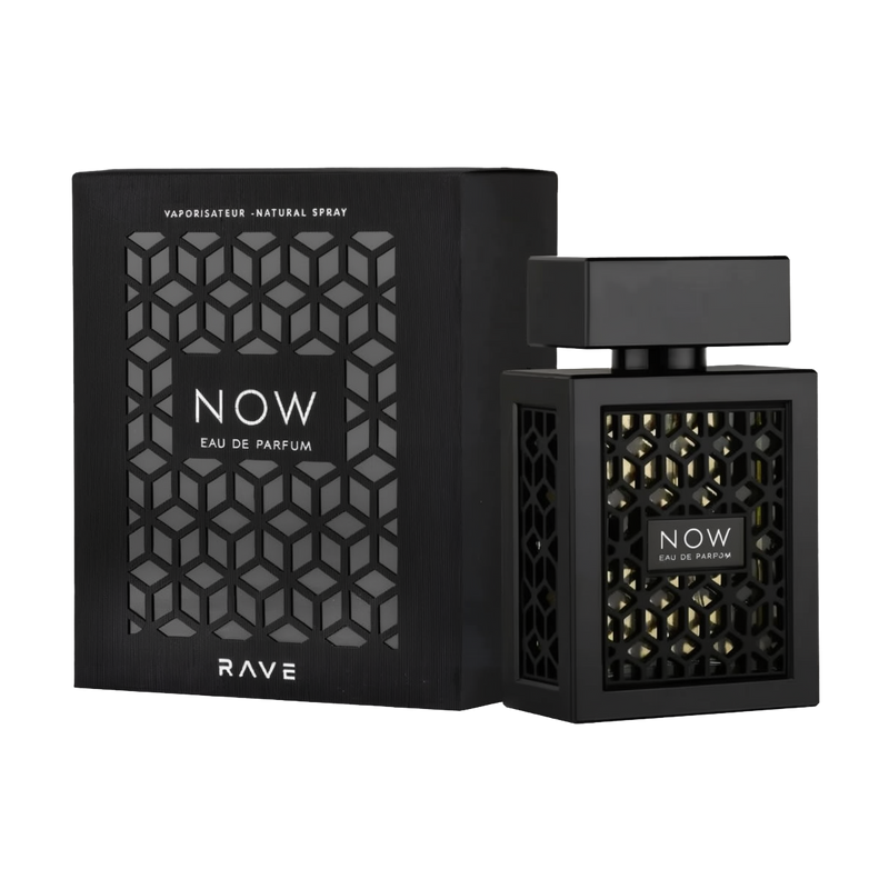 The image shows a perfume bottle and its packaging with a modern, geometric design:  The packaging is a square black box with a textured pattern featuring a series of interlocking geometric shapes. The center of the pattern is open, revealing the words "NOW EAU DE PARFUM" in white, bold lettering, and "RAVE" in smaller print at the bottom. The perfume bottle mirrors the box design, with a black geometric lattice over a gold background that shines through, and the same "NOW EAU DE PARFUM" branding.